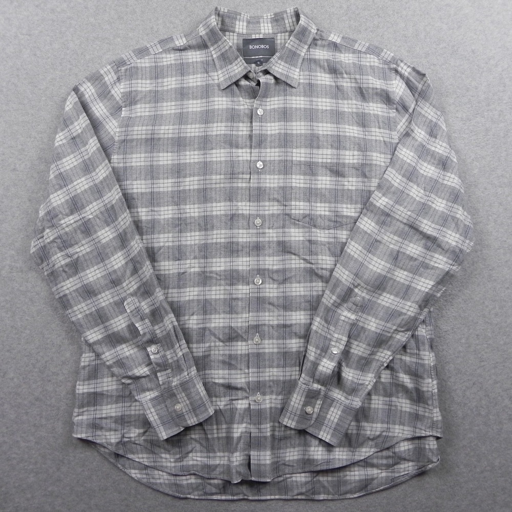Bonobos Shirt Mens XL Slim Fit Flannel Pocket Button Up Gray Plaid Long Sleeve